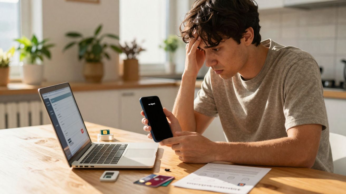 Homem preocupado em frente a laptop, segurando celular com mensagem de erro em cozinha iluminada.