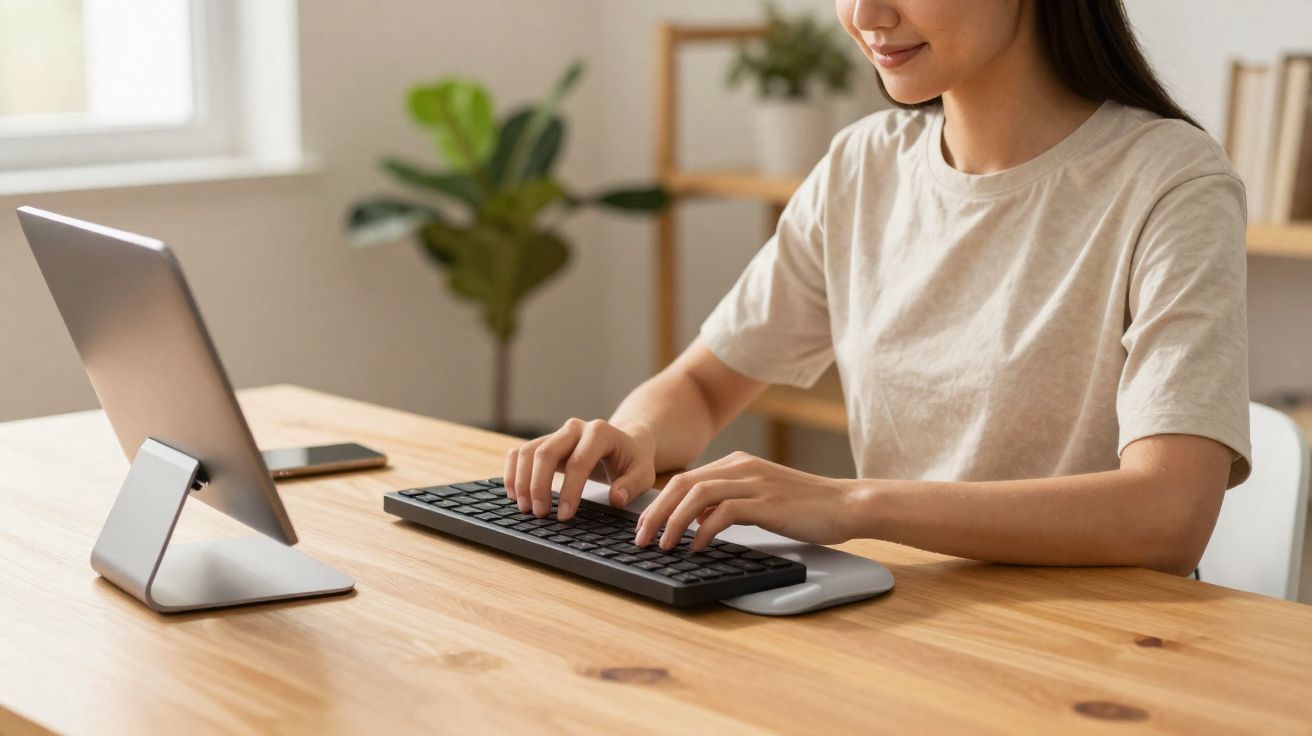 Mulher usando teclado e computador em mesa de madeira em ambiente iluminado e organizado.
