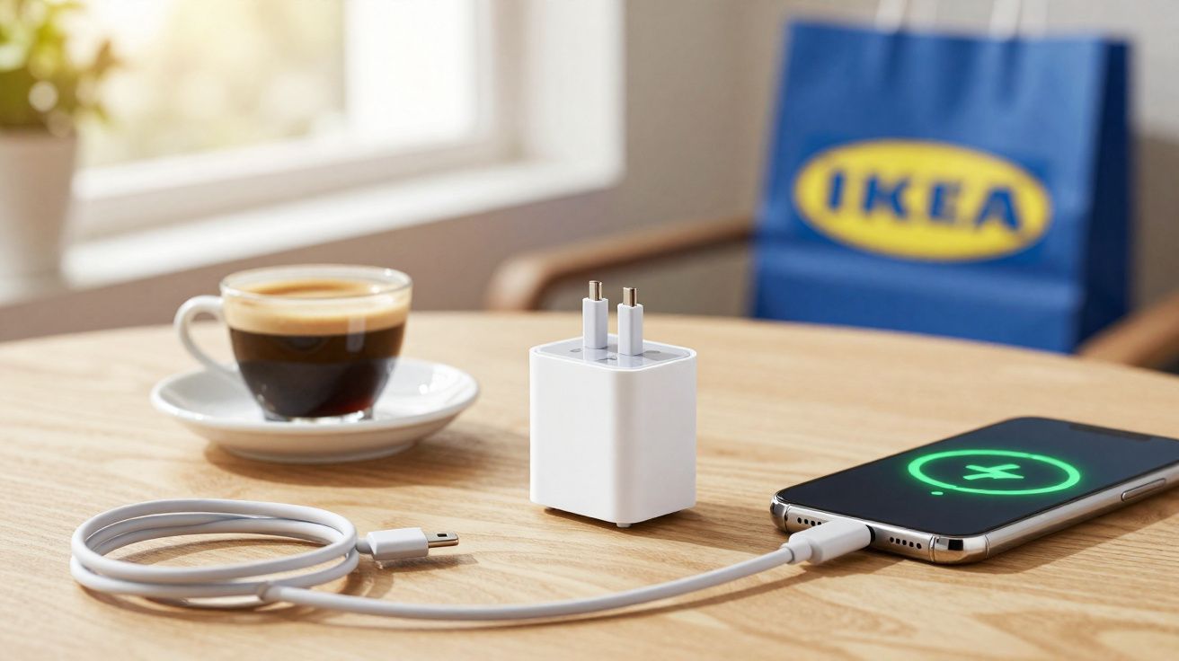 Cabo e carregador branco conectados a celular carregando, copo de café e sacola azul da IKEA ao fundo.