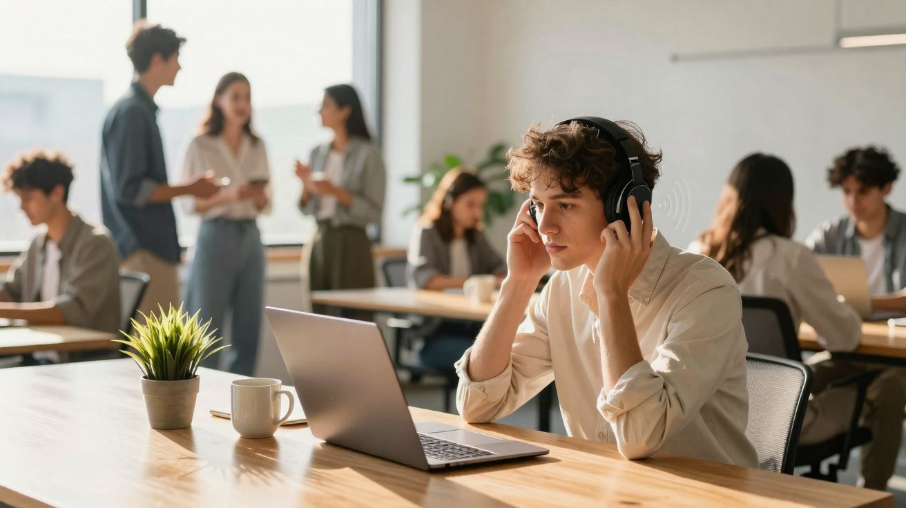 Jovem com fones de ouvido usando laptop em ambiente de trabalho colaborativo com pessoas conversando ao fundo.