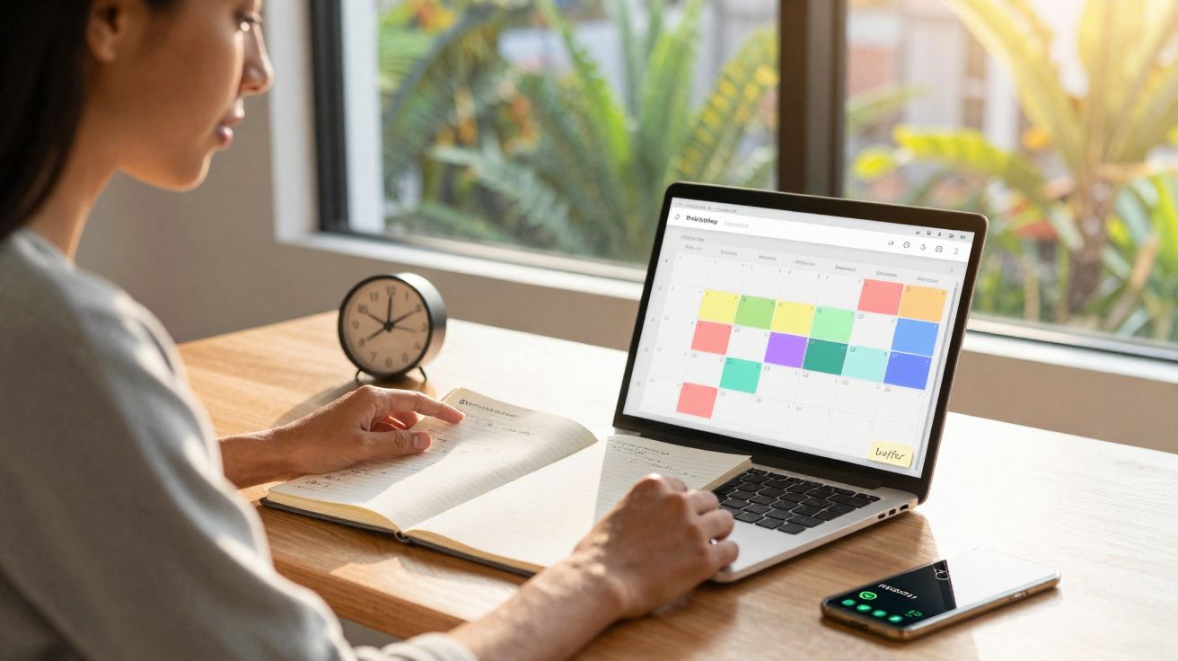 Pessoa consultando agenda colorida no laptop enquanto toma notas em caderno ao lado de relógio e celular.