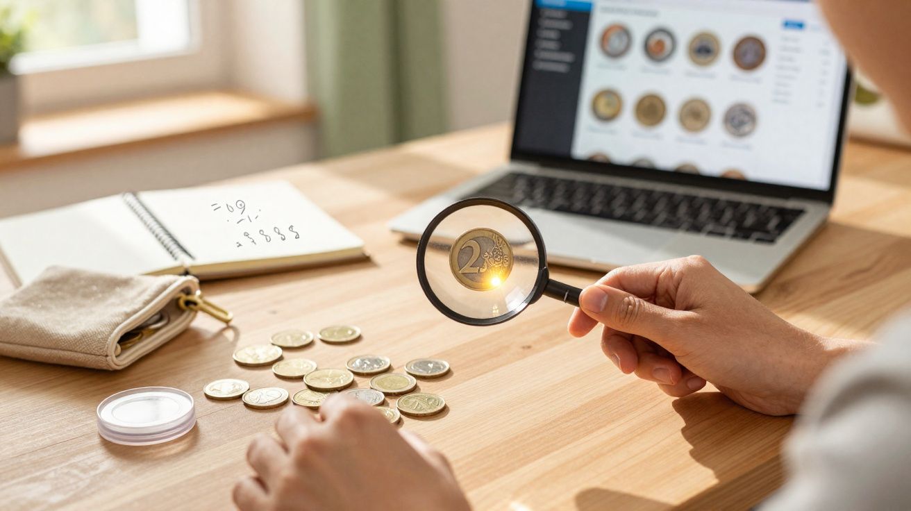 Pessoa segurando lupa para observar moeda de 2 euros sobre mesa com laptop e caderno ao fundo.