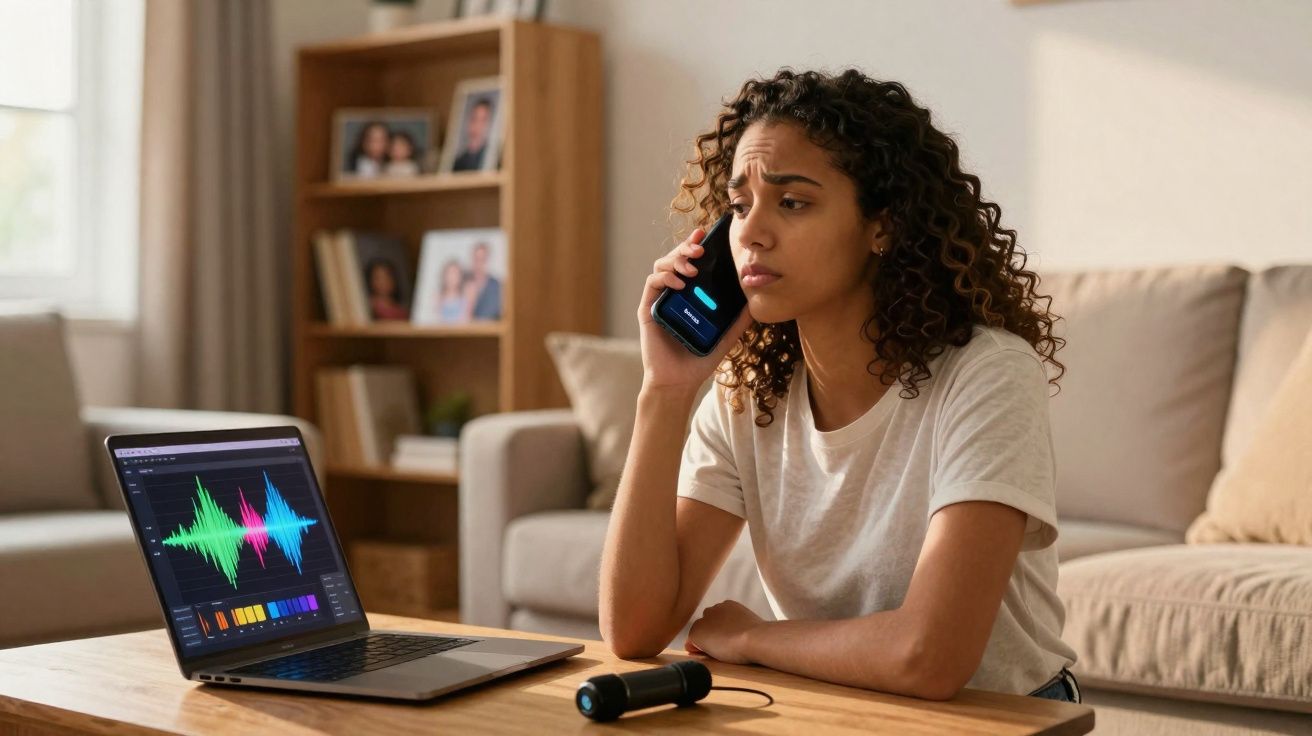 Mulher preocupada ao telefone, sentada em sala com notebook exibindo gráficos coloridos em mesa de madeira.
