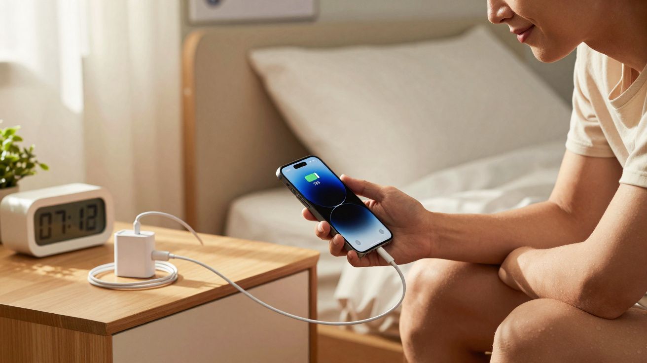 Pessoa sentada carregando um celular ligado a um carregador com relógio digital marcando 07:12 na mesa.