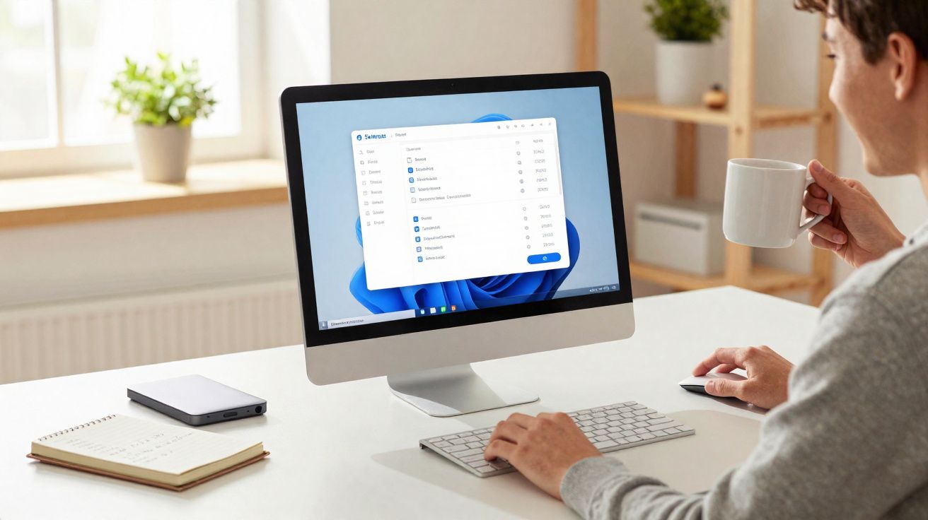 Pessoa usando computador desktop com software aberto na tela, segurando caneca e teclado à frente.