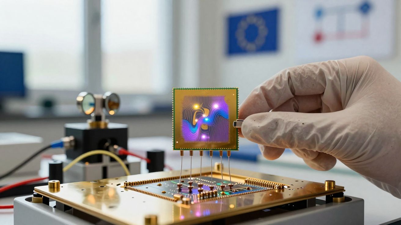 Mão com luva segurando chip quântico conectado a placa de circuito em laboratório tecnológico.