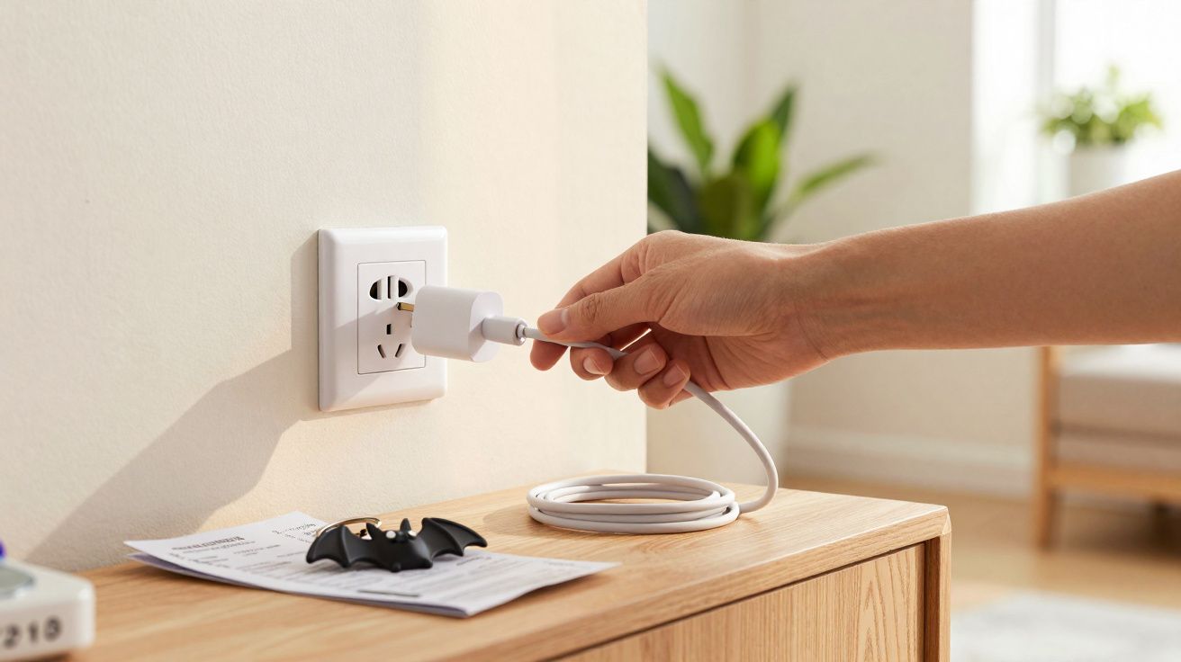Mão conectando cabo branco em tomada na parede, sobre móvel de madeira com documentos e enfeite de morcego.