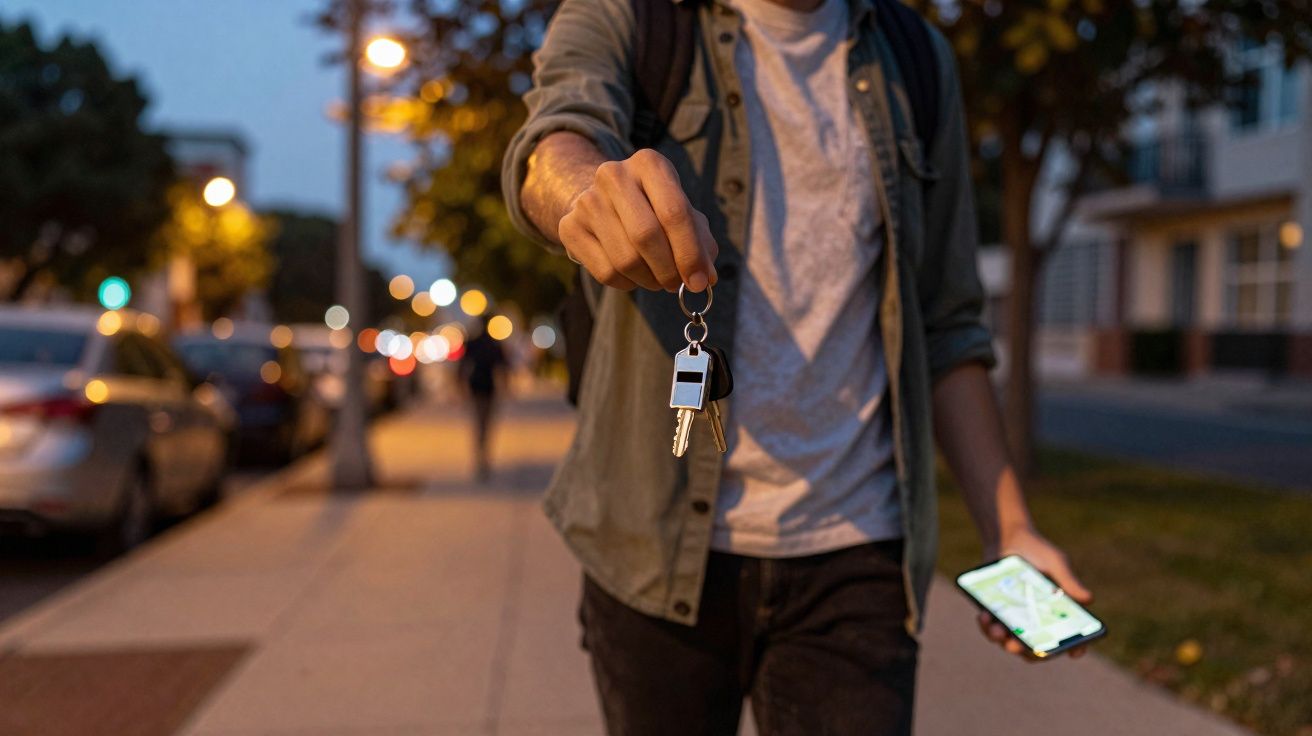 Pessoa segurando chave e celular com mapa aberto na rua ao anoitecer.