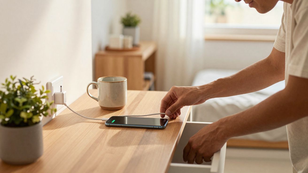 Pessoa guardando cabo de celular na gaveta, com celular carregando e xícara sobre mesa de madeira clara.