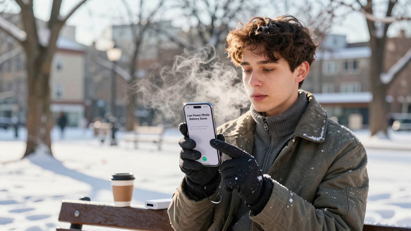 Jovem de inverno no banco de praça usando luvas e celular com vapor visível no ar frio.