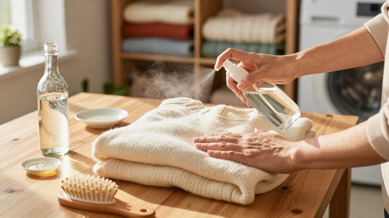 Pessoa aplicando spray em suéter de lã branco sobre mesa de madeira em ambiente doméstico.