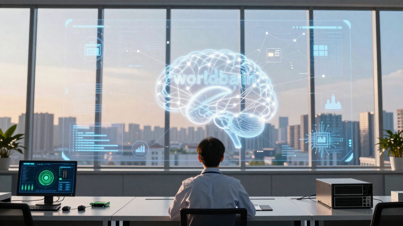 Pessoa sentada em escritório moderno com holograma digital de cérebro e gráficos em janela grande.