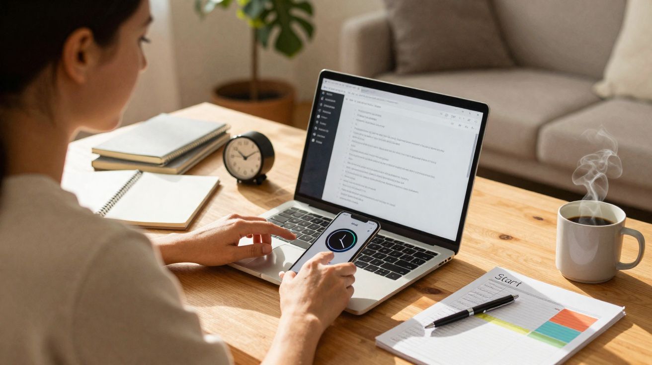 Pessoa usando celular e notebook em mesa com caderno, relógio, café e gráficos em ambiente aconchegante.