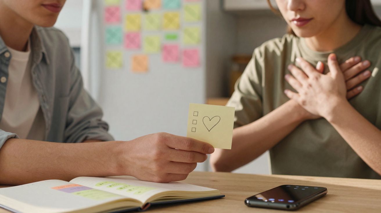 Pessoa entregando bilhete com desenho de coração para outra que segura o peito em gesto de emoção.