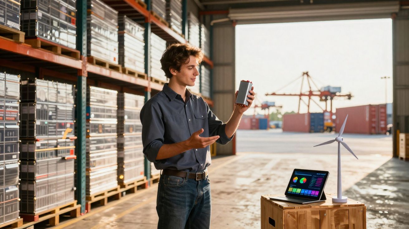 Homem em armazém analisando bateria com modelo de turbina eoliana e laptop com gráficos coloridos.