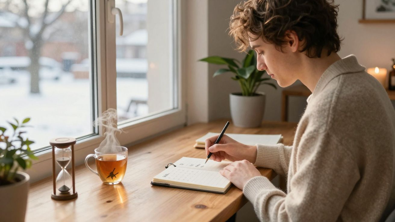 Pessoa escrevendo em caderno próximo a janela com xícara de chá quente e ampulheta sobre mesa de madeira.