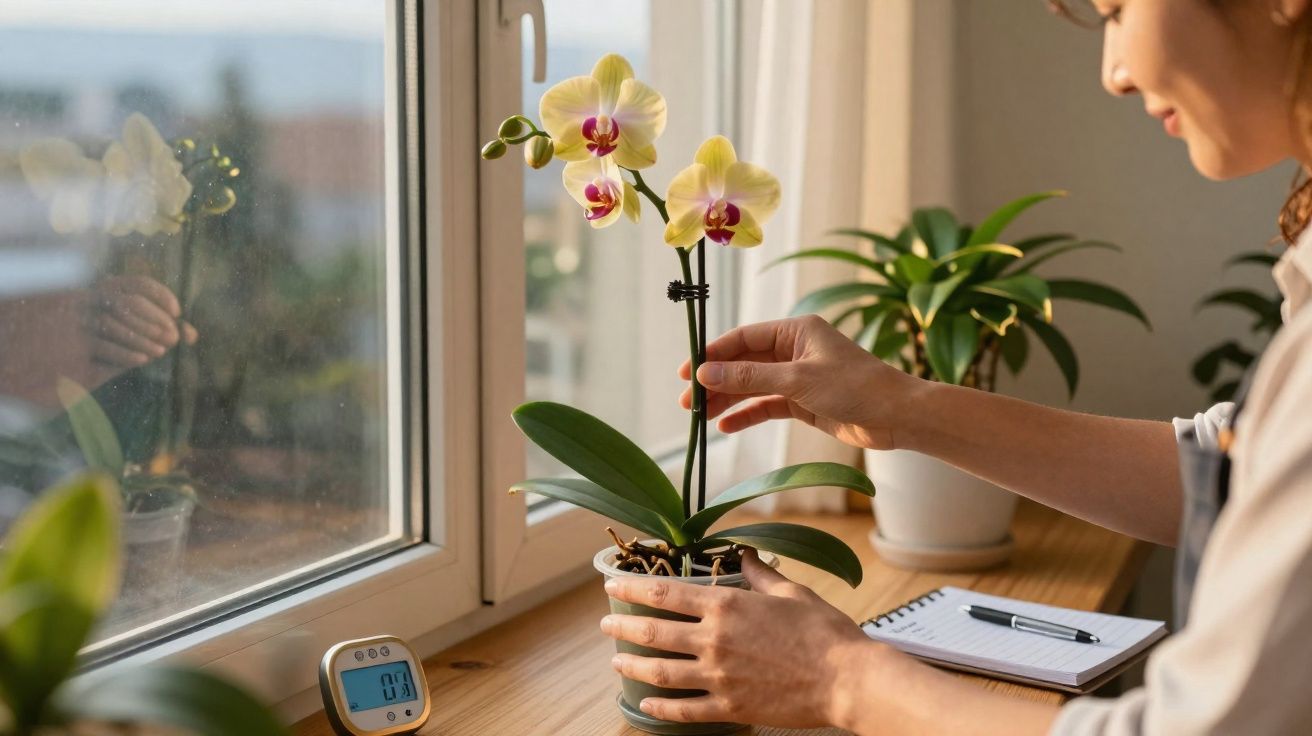 Pessoa cuidando de orquídea amarela ao lado de janela com caderno e planta ao fundo.