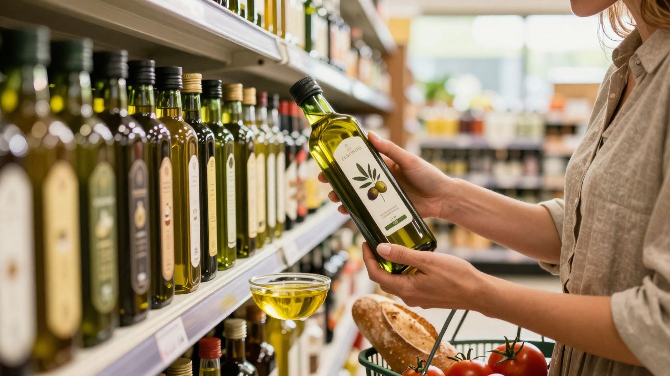 Pessoa segurando garrafa de azeite em prateleira de supermercado, com legumes em cesta de compras.