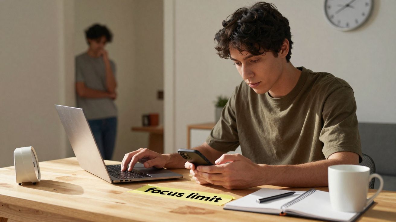 Jovem sentado à mesa usando celular e notebook, outra pessoa ao fundo encostada na parede.