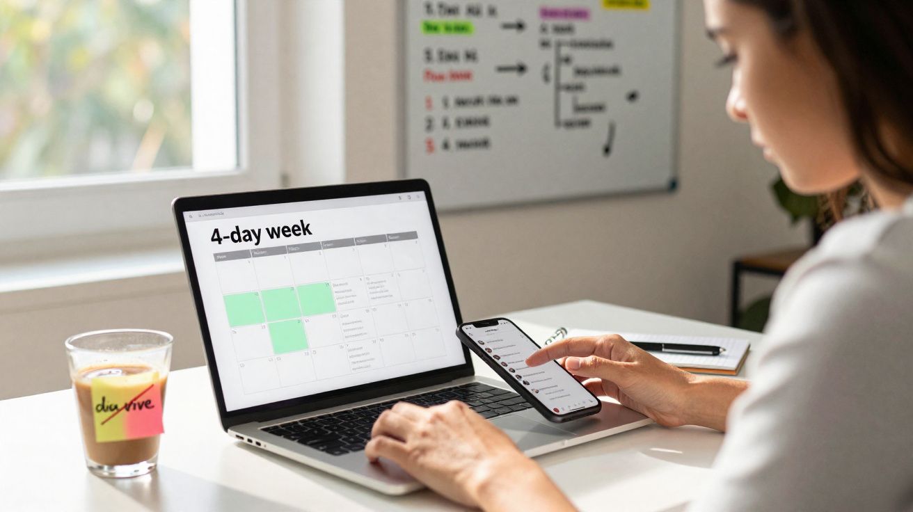Pessoa usando laptop com calendário de semana de 4 dias e celular, sentada em mesa clara próxima à janela.