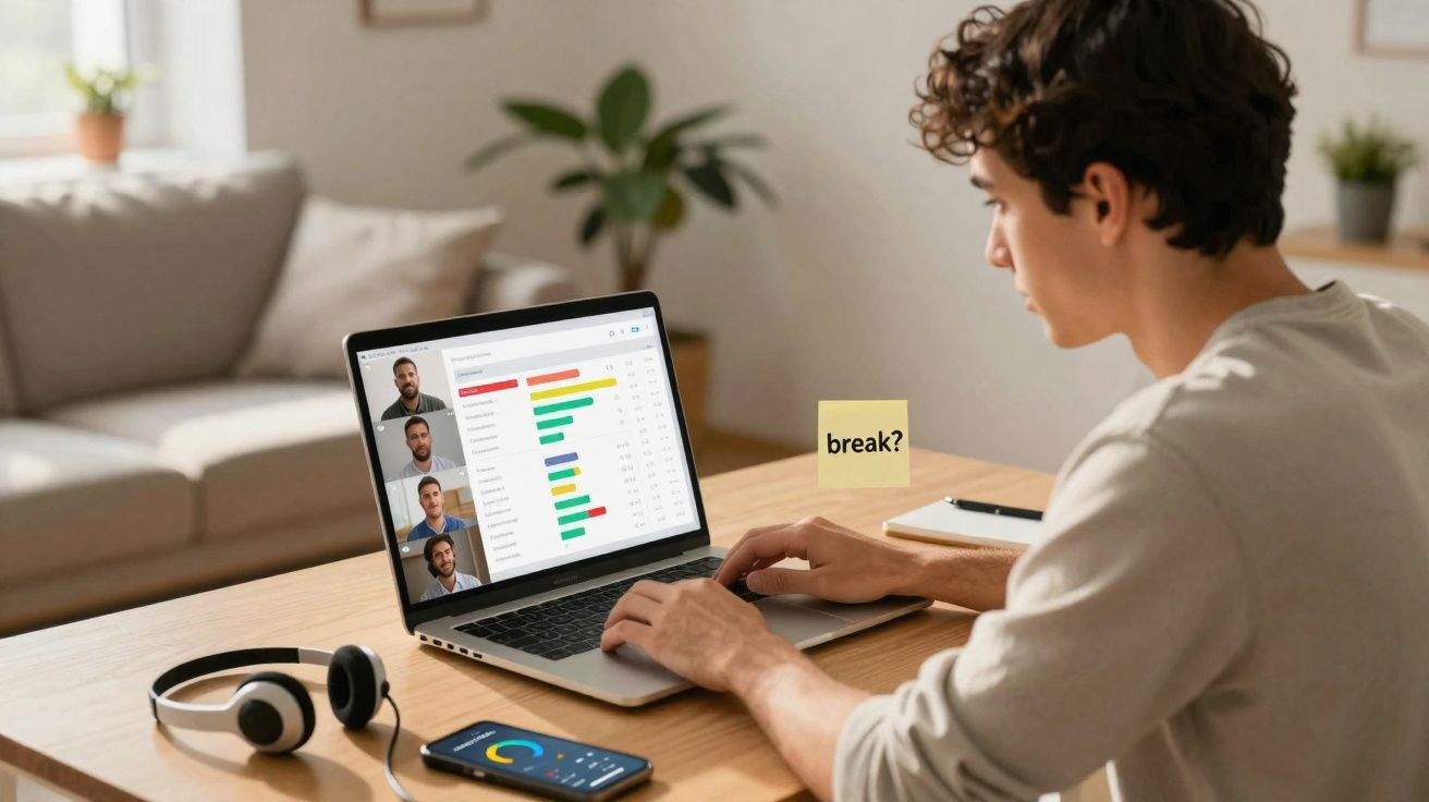 Jovem trabalhando em laptop com gráficos e videoconferência, celular e fones em mesa de madeira.