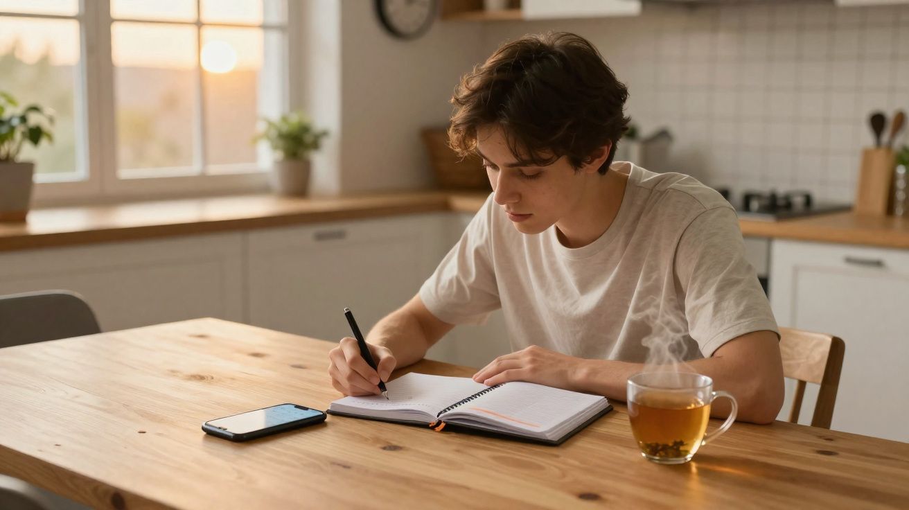 Jovem sentado em cozinha escrevendo em caderno com celular e chá quente sobre mesa de madeira.