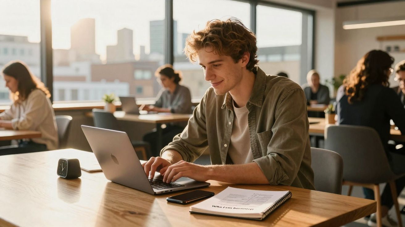 Jovem sorridente usando laptop em ambiente de coworking com outras pessoas ao fundo.