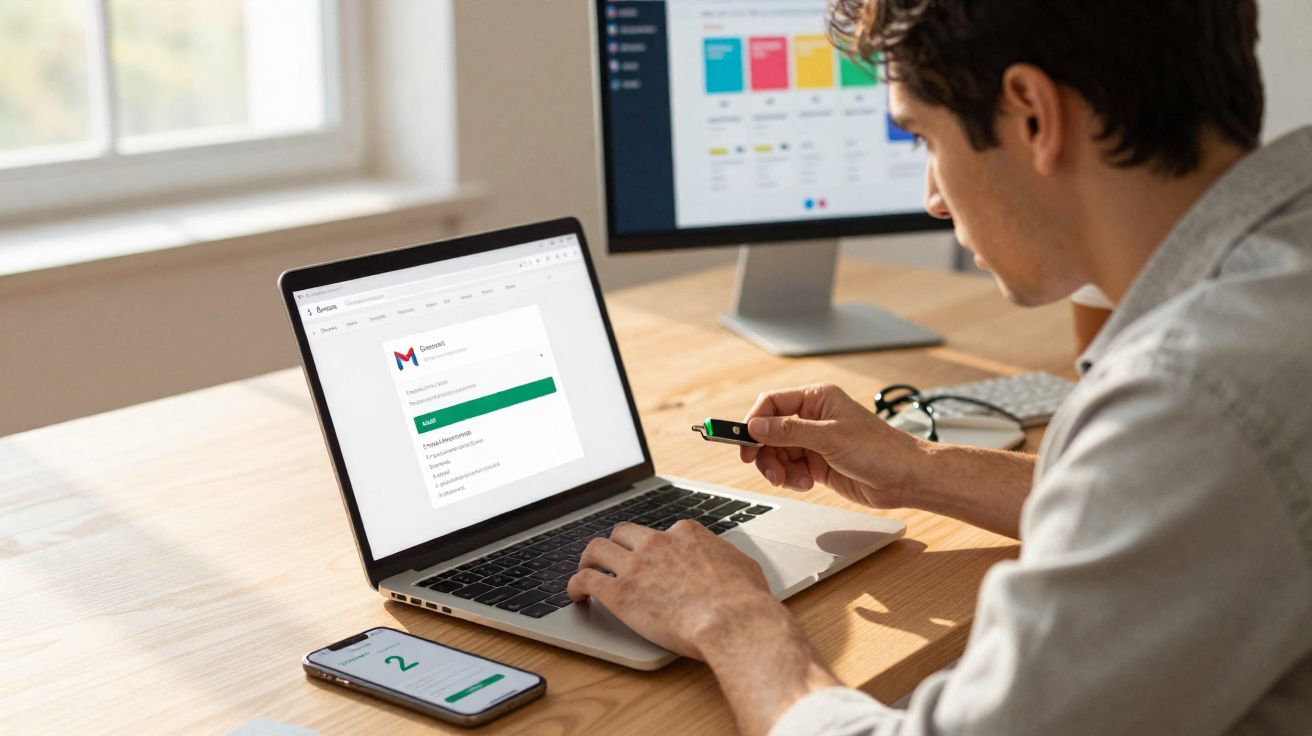Homem usando pendrive e laptop com tela de login do Gmail em mesa com celular e monitor.