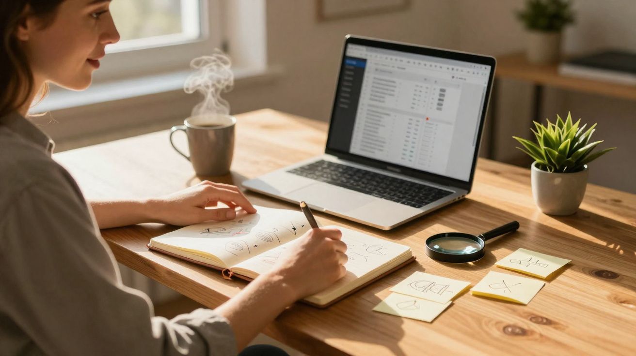 Pessoa escrevendo em caderno ao lado de laptop, caneca com bebida quente, lupa e notas adesivas numa mesa de madeira