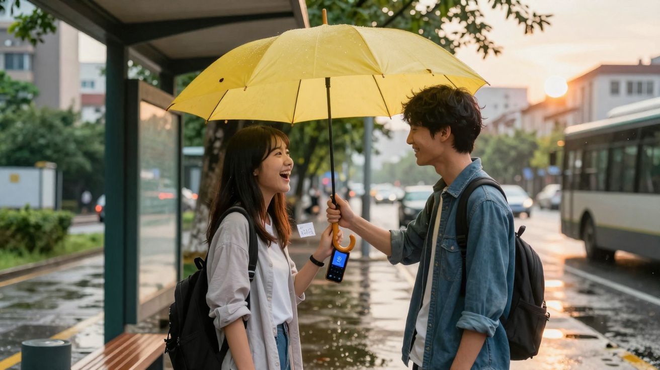 Jovem casal sorrindo sob um guarda-chuva amarelo em ponto de ônibus após chuva ao pôr do sol.