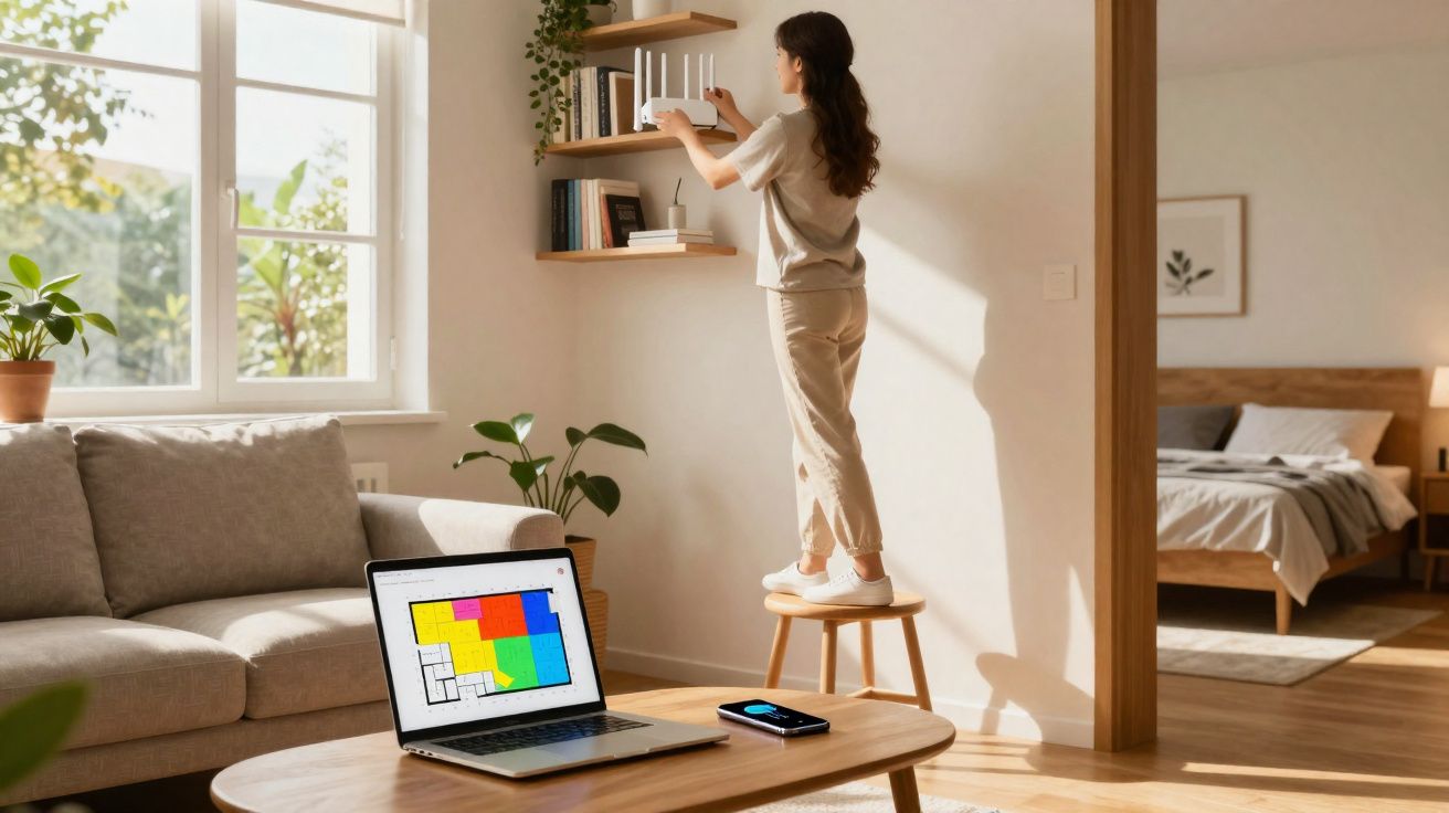 Mulher organizando livros em prateleira na sala iluminada, com laptop e celular sobre mesa de madeira.