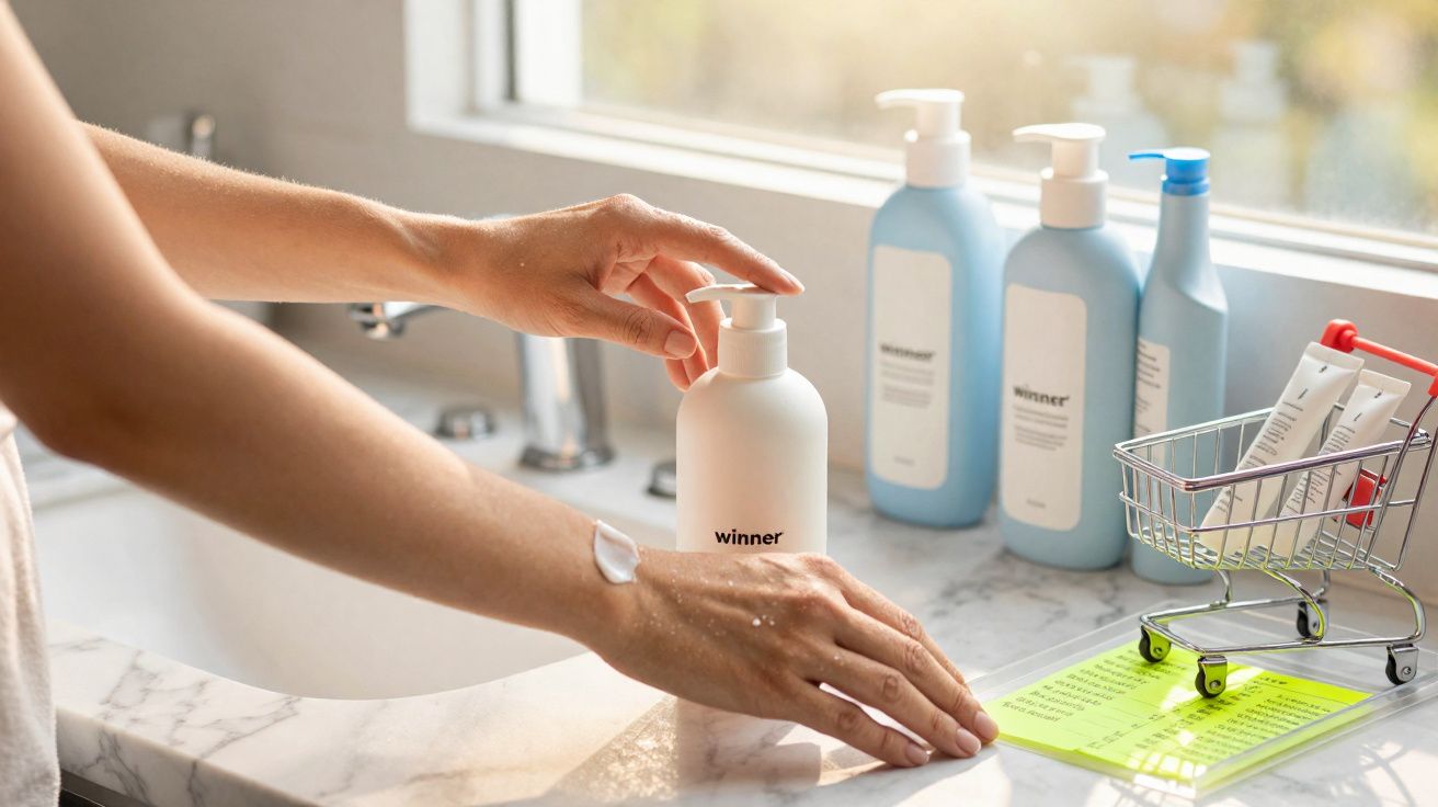 Pessoas aplicando creme nas mãos ao lado de frascos de produtos de cuidado pessoal sobre pia de mármore.