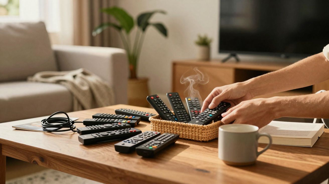 Mãos organizando vários controles remotos em uma cesta sobre mesa de madeira, ao lado de xícara e livro.