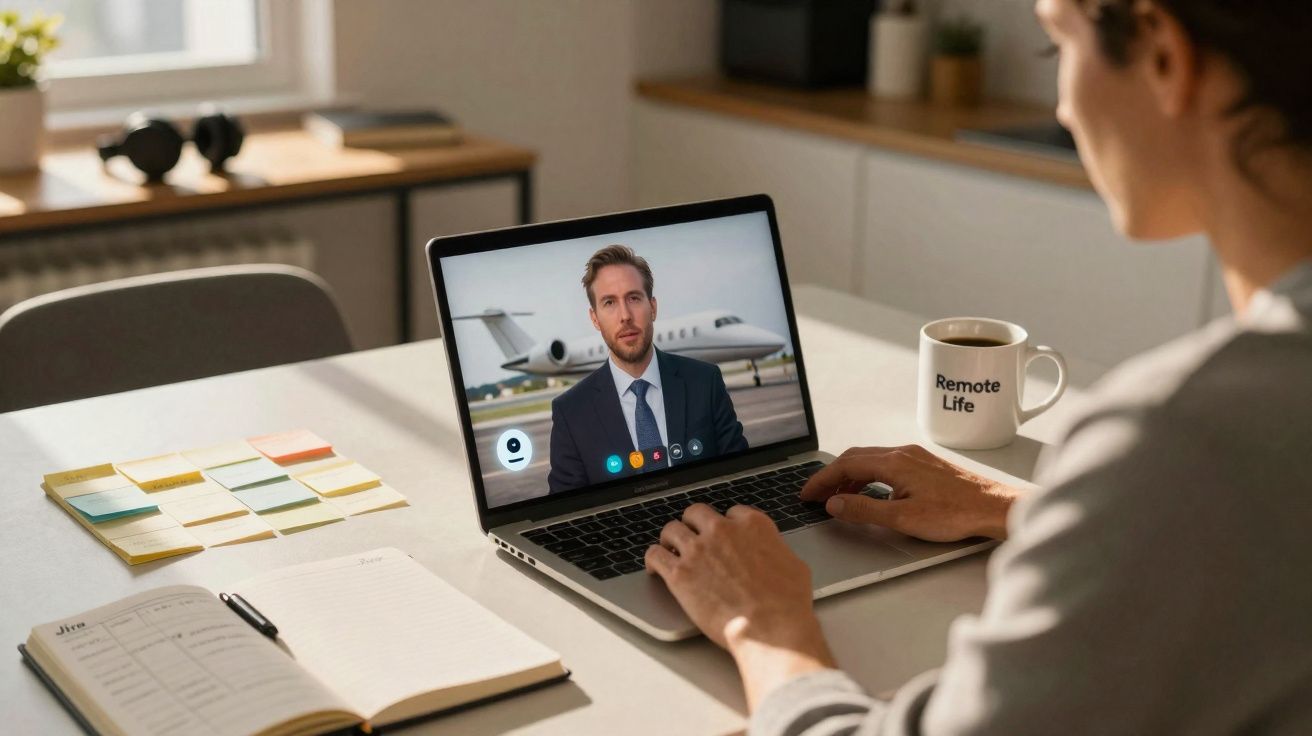 Pessoa participa de videoconferência com homem de terno em laptop, com caderno, post-its e xícara na mesa.