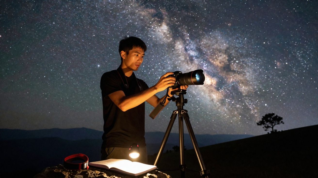 Fotógrafo ajusta câmera em tripé para capturar a Via Láctea em céu estrelado durante a noite.