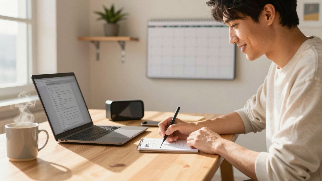Pessoa sorrindo escrevendo em caderno perto de laptop e xícara com bebida quente em mesa de madeira.