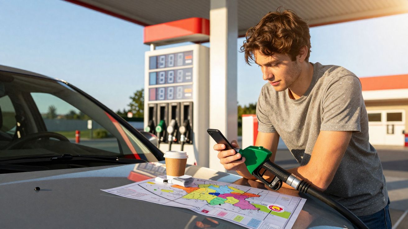 Homem consulta celular e mapa apoiados no capô do carro em posto de combustível ao pôr do sol.