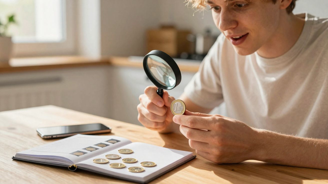 Jovem segurando moeda e lupa, examinando coleção de moedas em livro sobre mesa de madeira.