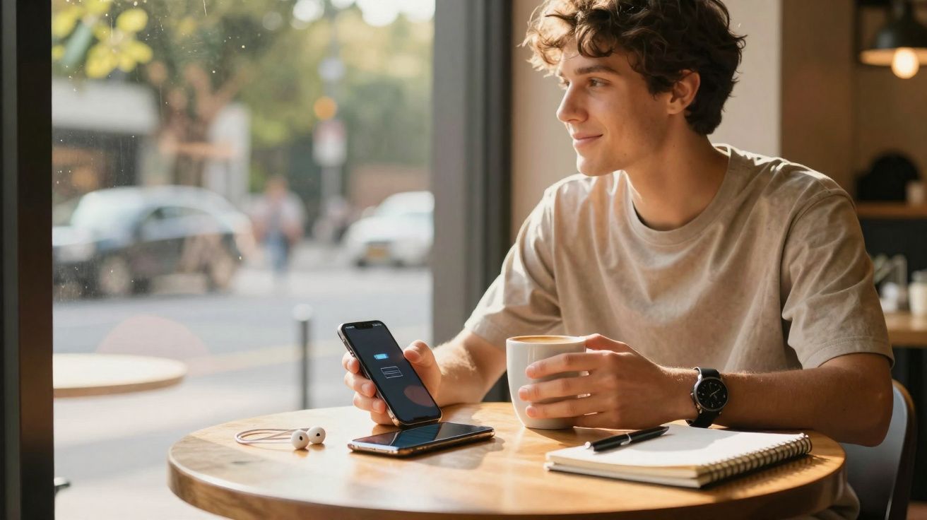 Jovem sentado em café com celular na mão e caneca, olhando pela janela com caderno e fones na mesa.