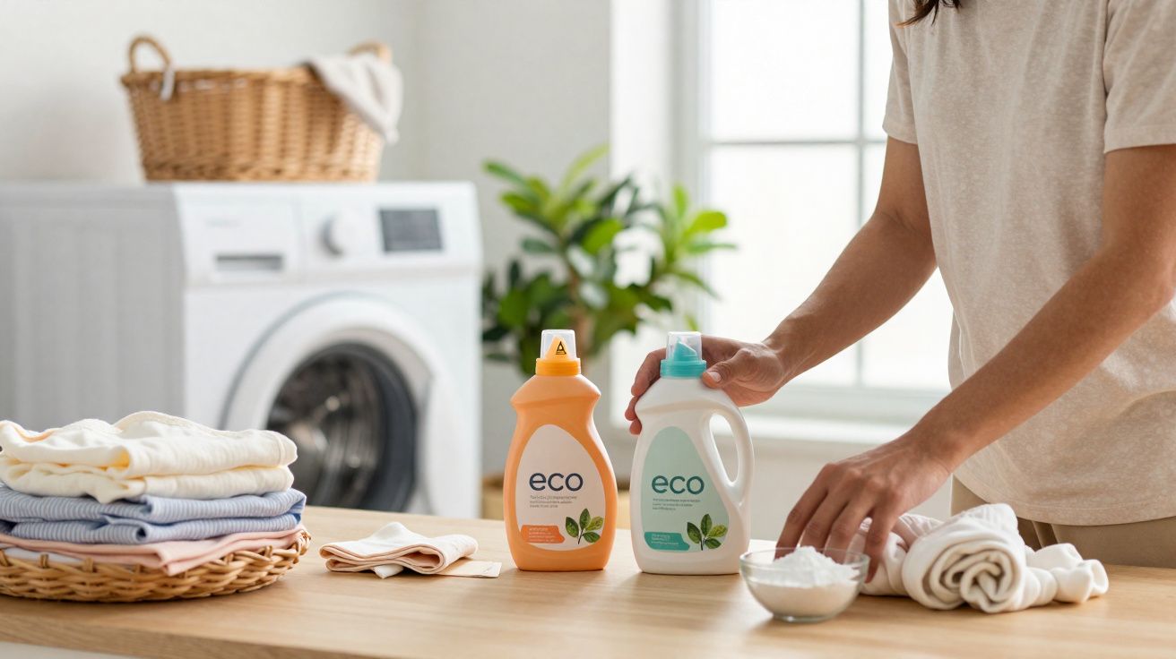 Pessoa organizando roupas ao lado de dois frascos de detergente eco e máquina de lavar roupas.