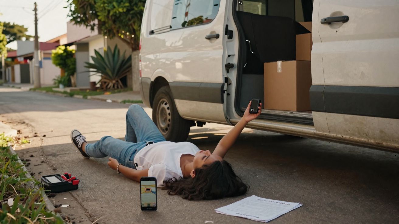 Mulher deitada no chão ao lado de van branca, segurando controle remoto, com celular e caixa de ferramentas próximas.