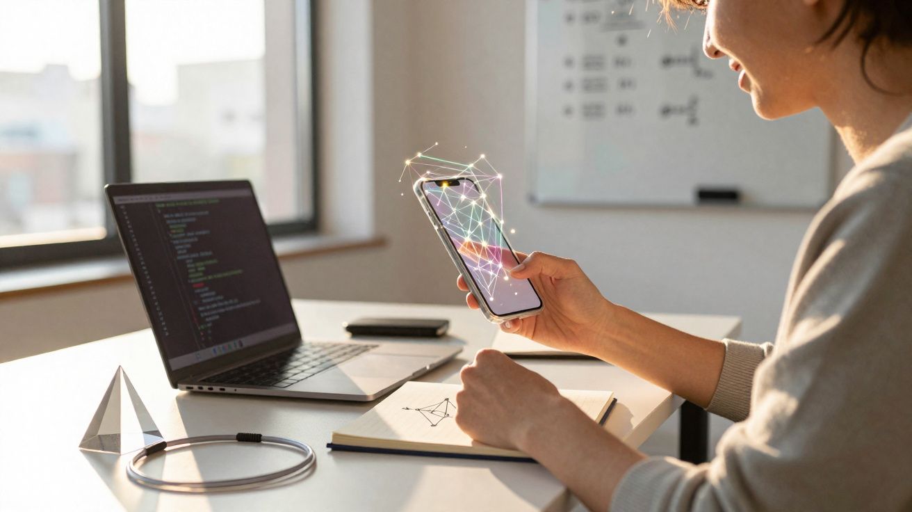 Pessoa usando smartphone com conexões digitais, notebook com código e caderno em mesa de trabalho.