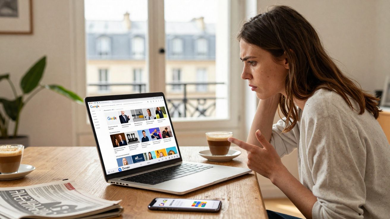 Mulher preocupada olhando para laptop com resultados de pesquisa, sentada à mesa com café e jornal.