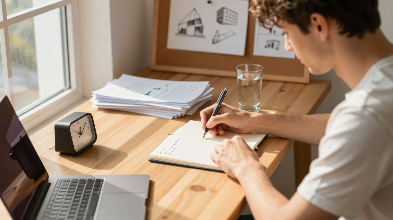 Jovem escrevendo em caderno em mesa de madeira com laptop, relógio, copo de água e papéis próximos.