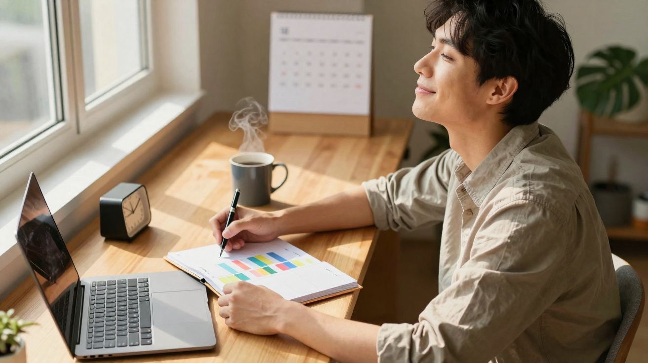 Jovem sentado à mesa com laptop, escrevendo em caderno colorido e tomando café ao lado da janela.