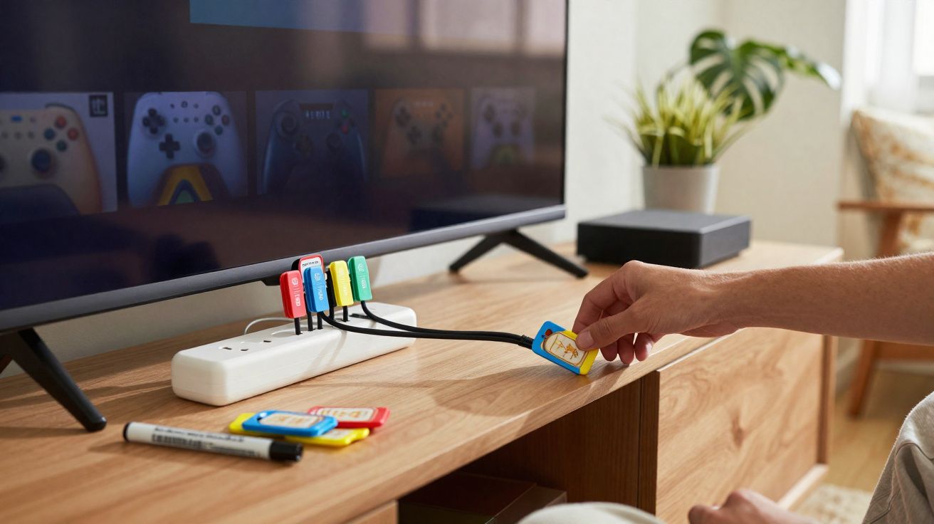 Mão conectando pen drive colorido em extensão sobre móvel de madeira com TV e plantas ao fundo.