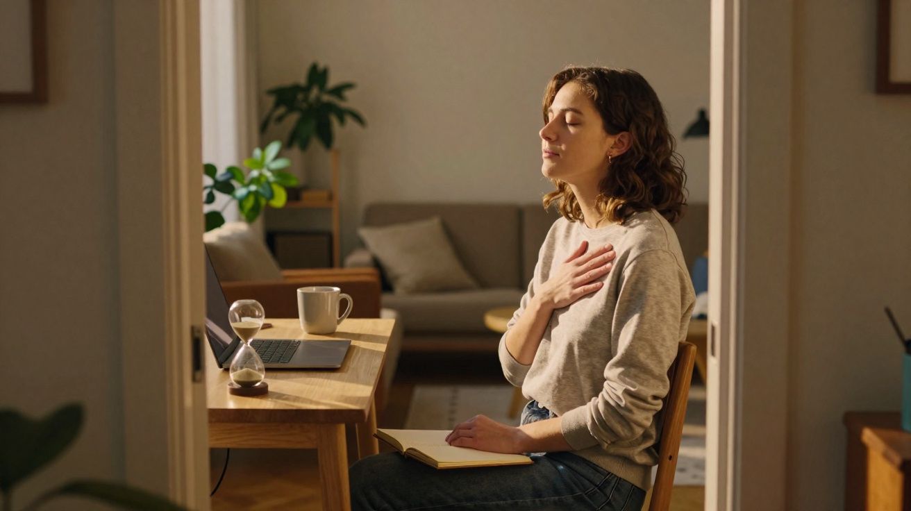 Mulher sentada, com olhos fechados e mão no peito, praticando respiração ou meditação em casa.