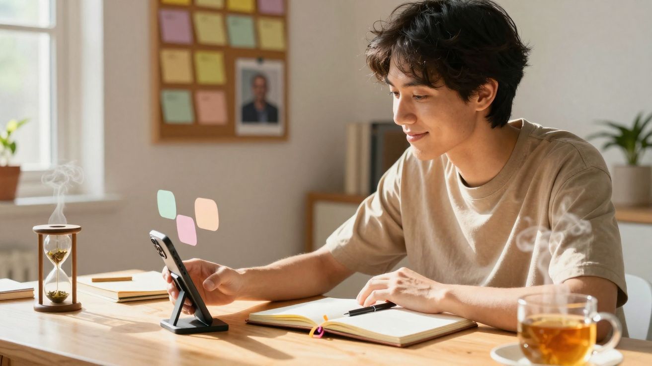 Jovem sentado à mesa com celular, caderno aberto, xícara de chá e ampulheta em ambiente iluminado.
