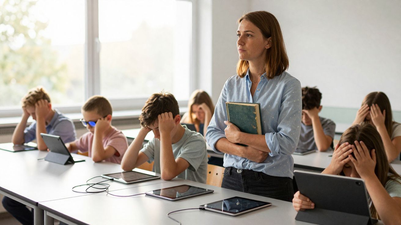 Professora observando aluno com mãos na cabeça em sala com tablets e outros estudantes concentrados.
