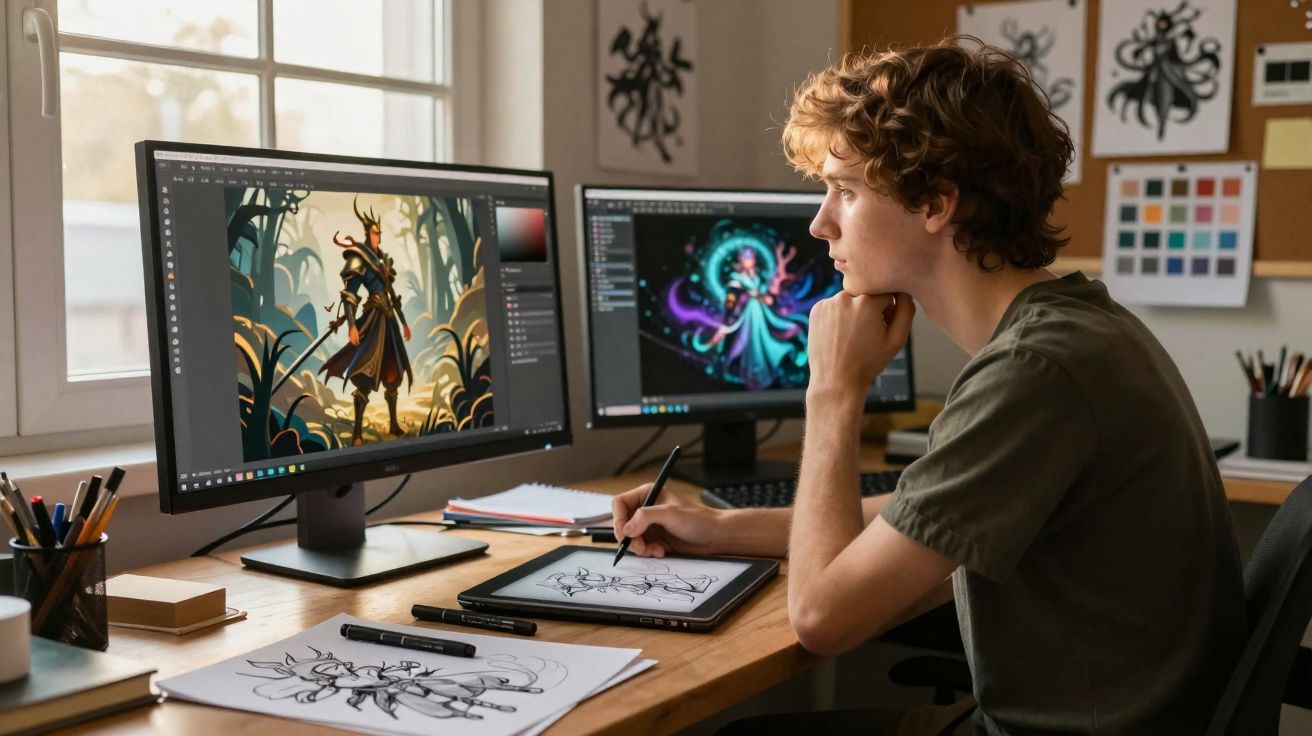 Jovem desenhista digital trabalha no computador e tablet com arte de personagens fantásticos em estúdio iluminado pela janela